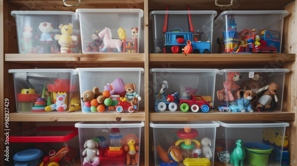 Obraz A well-organized toy shelf filled with an assortment of colorful toys arranged in transparent bins, creating a tidy and inviting play area for children.