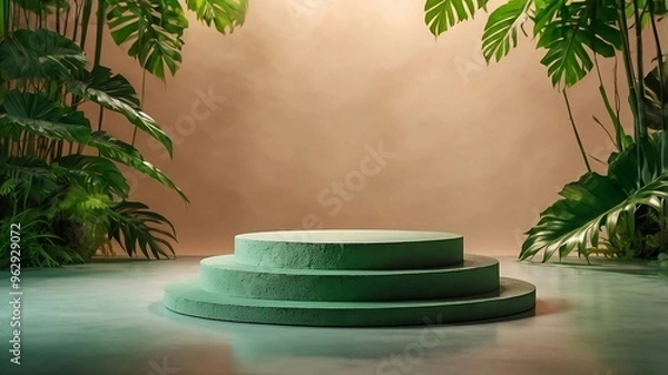 Fototapeta Stone podium and green leaves with lightbackground, podium for advertisement and product photography