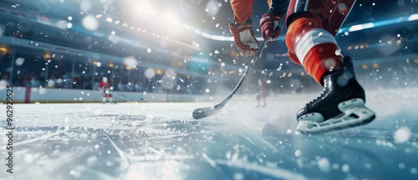 Fototapeta Professional hockey tournament, players at the ice rink arena playing in hockey. Sportsman in motion. Hockey, active dynamic competition at ice stadium. Winter sport match. Generative ai