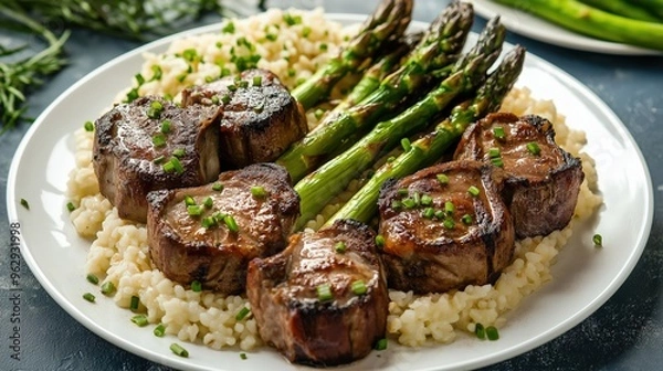 Fototapeta A plate of lamb chops and risotto with asparagus. Grilled asparagus with bacon