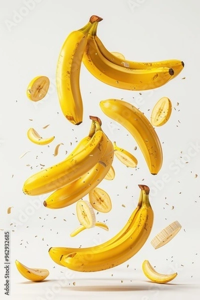 Fototapeta Floating Bananas in mid air, banana slices falling around them