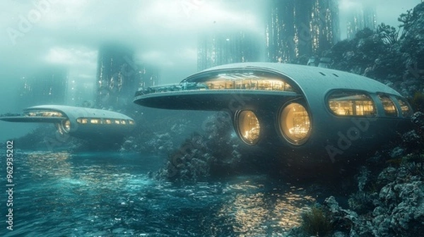 Fototapeta Futuristic Cityscape with Underwater Homes and Fog