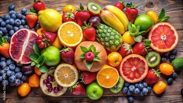 Fototapeta Vibrant fruit arrangement with a variety of colorful fruits, vibrant, fruit, arrangement, colorful, citrus, melon, berries