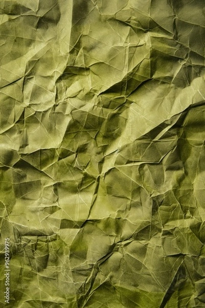 Fototapeta Olive green crumpled paper with rough texture. Close-up view of folded and creased poster background with white lines and dots. Ideal for eco design, tech illustration, or creative concept art.