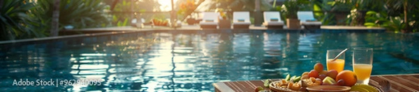 Fototapeta Woman in the pool with fruit and cocktail Selective focus, woman in pool, poolside, fruit and cocktail, selective focus, summer vibes, refreshing drink
