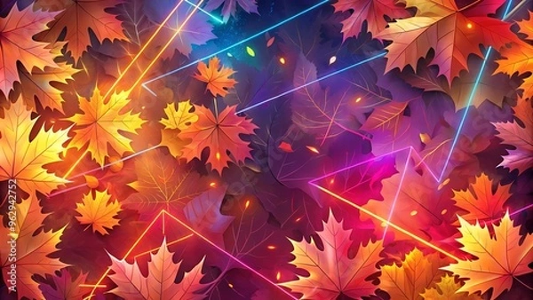 Fototapeta Vibrant autumn leaves with neon accents against a dark background, dynamic artistic design with a modern flair