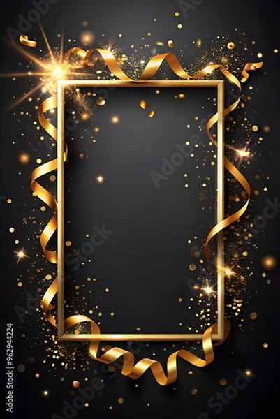 Fototapeta Gold frame with golden ribbon and sparkles confetti , isolated on black background mockup template, copy space. Luxury design template for holiday. Greeting card.