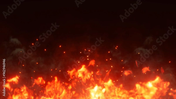 Fototapeta 3D illustration. Burning embers glowing. Fire Glowing Particles on Black Background