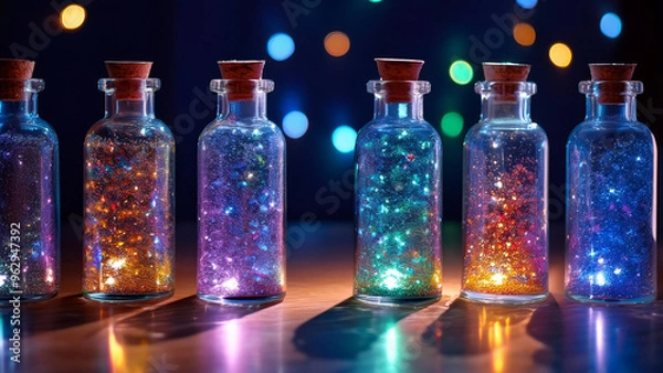 Fototapeta bottles of perfume, Transparent bottles with kaleidoscopic sparkling bottoms