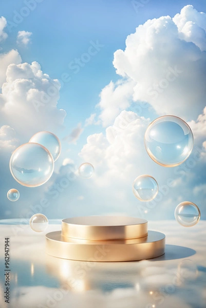 Obraz Empty round golden podium surrounded by floating bubbles against blue sky with clouds. Product display background with copy space 