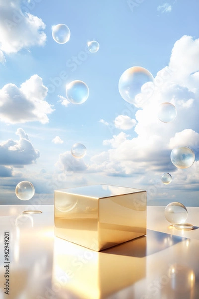 Obraz Empty rectangular golden podium surrounded by floating bubbles against blue sky with clouds. Product display background with copy space 