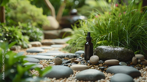 Fototapeta A dark glass bottle with a dropper sits on a smooth, dark stone in a serene garden setting with a pebbled path, lush greenery, and natural light.
