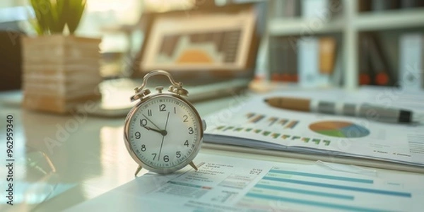 Fototapeta alarm clock on desk, with financial or business report work papers, with blurred office background and sun effect, work concept deadline background