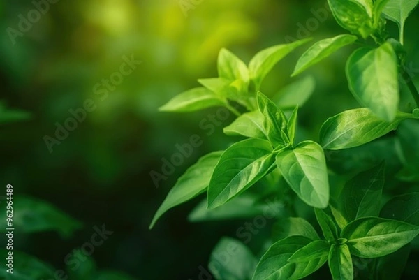 Fototapeta Fresh green basil leaves arranged in circular pattern on blurred natural background. Close-up shot of herb plant in garden or forest setting. Perfect for eco-friendly and wellness themes.