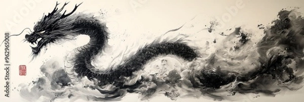 Fototapeta Traditional Chinese Dragon Artwork with Faint Ink Wash, Abstract Simplicity on White Background. Conveys Cultural Elegance and Artistic Conception.
