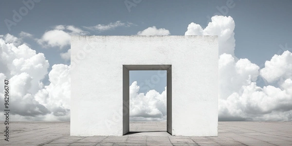 Fototapeta Wall with open door overlooking sky with clouds. Entrance to the kingdom of heaven. Minimalistic symbolic conceptual photo