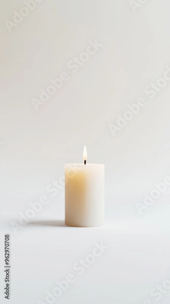 Fototapeta One long white candle made of wax on white background, copy space, minimalism and unity concept. Generative AI
