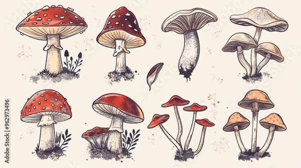 Obraz Poisonous mushrooms Vector illustration drawn by hand