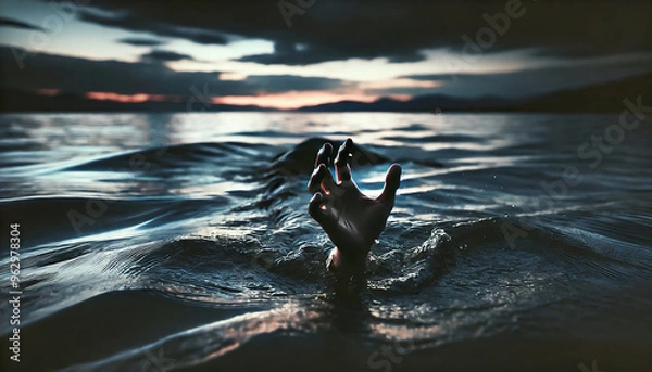 Obraz A hand emerges from turbulent water at dusk, symbolizing struggle, danger, or survival against a dramatic, moody sunset backdrop.
