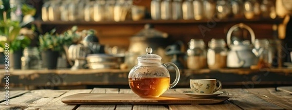 Fototapeta A delicate tea setup featuring a charming teapot and a beautiful cup in a cozy, rustic kitchen environment