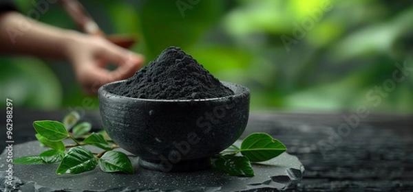 Fototapeta Close up of activated charcoal powder in a black bowl with green leaves in the background. It's a natural remedy and a popular ingredient in beauty products.
