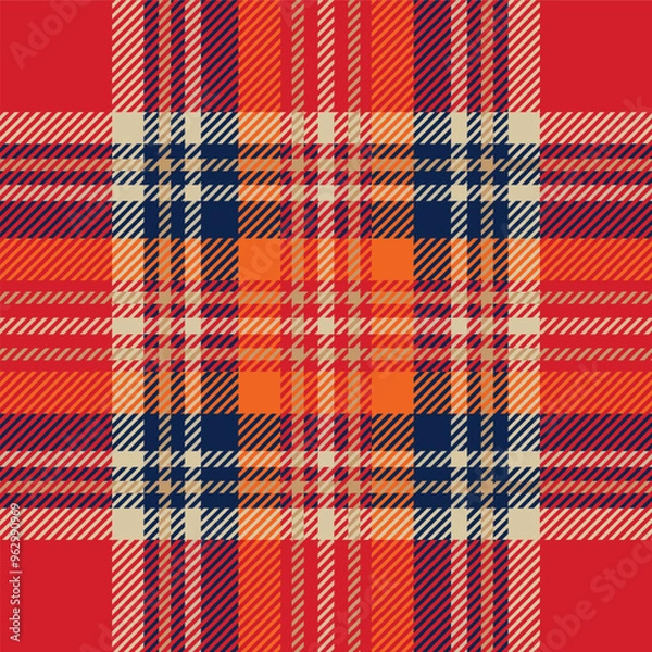 Obraz Red, orange and blue tartan plaid. Scottish pattern fabric swatch close-up. 