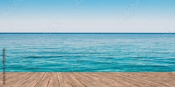 Fototapeta Wooden Deck Overlooking Calm Sea – Water and Horizon Texture Background