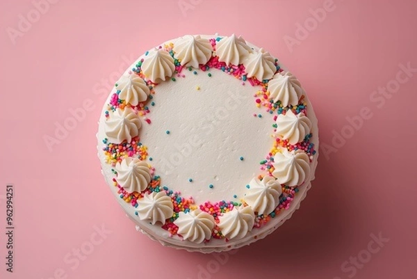 Fototapeta birthday cake top view with Colorful frosting,  and decoration. detailed , texture of sprinkles and icing, isolated dessert, new beautiful stock image illustration AI