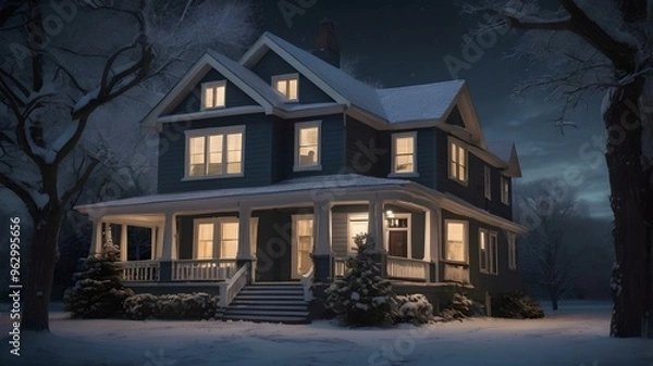 Fototapeta : A Snow-Covered Home Illuminated by Warm Lights in a Peaceful Neighborhood
