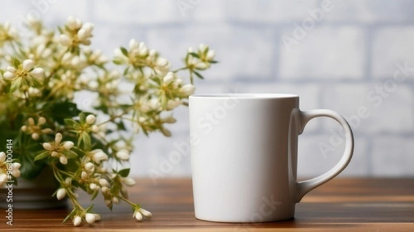 Obraz White cup of coffee with white flowers on a wooden table in front of a brick wall