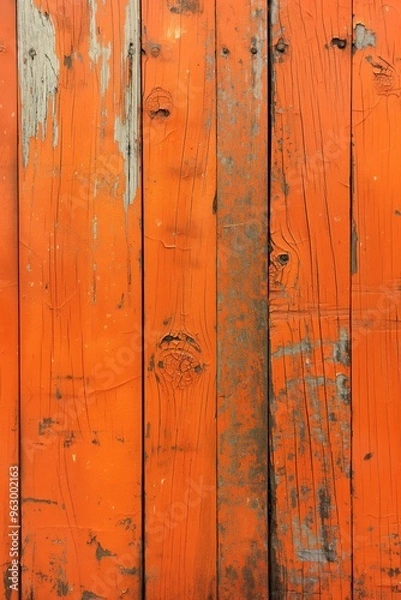 Fototapeta Old weathered wooden planks with orange hue, rough texture and small holes. Close-up view of rustic wood surface, blurred background emphasizes texture and color.