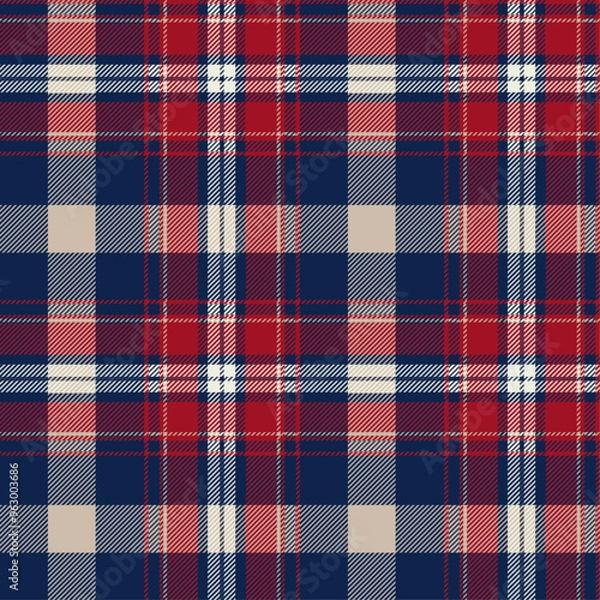 Fototapeta Blue, red and white tartan plaid. Scottish pattern fabric swatch close-up. 