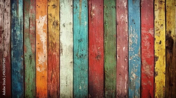 Fototapeta Vintage weathered wooden surface with bold, grungy colors, featuring rustic textures and peeling paint, perfect for creative backgrounds, retro-inspired designs, or artistic photography backdrops.