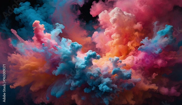 Fototapeta Vibrant clouds of colorful smoke in pink, blue, orange, and purple swirl and mix together against a dark background, creating a dynamic and dreamlike effect.