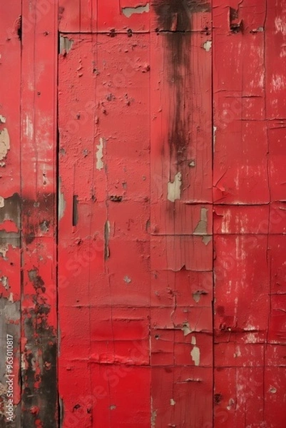 Obraz Weathered red paint peels off to reveal wooden surface with black and white patches. Close-up view from side shows uneven paint distribution. Blurred background highlights aged wood texture.