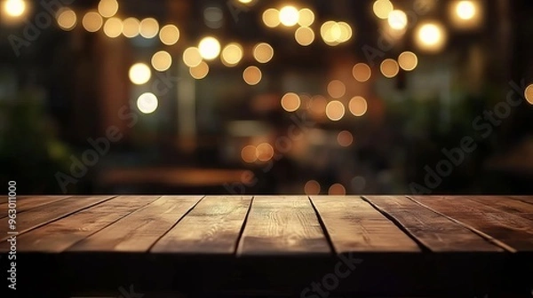 Fototapeta Empty wooden table top with blurred golden bokeh lights in the background of a cozy cafe restaurant, dark atmospheric setting perfect for showcasing food, drink, or product presentations in warm, invi