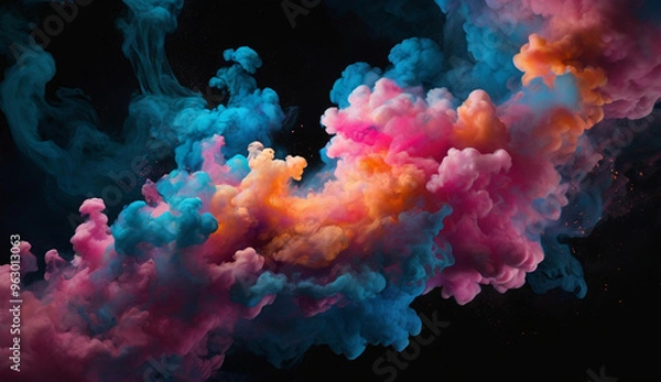 Fototapeta Vibrant clouds of colorful smoke in pink, blue, orange, and purple swirl and mix together against a dark background, creating a dynamic and dreamlike effect.
