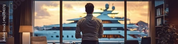 Fototapeta Manager studying yacht details with yacht poster on wall