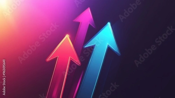 Fototapeta Three ascending arrows with colorful gradients pointing forward over a dynamic abstract background, representing strategic marketing growth.