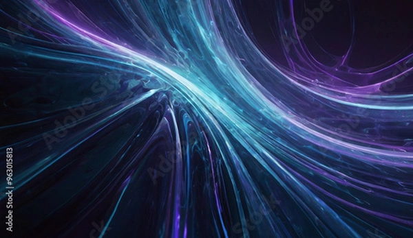 Fototapeta Abstract waves of light in shades of blue and purple flow gracefully across a dark background, creating a sense of motion and ethereal beauty.