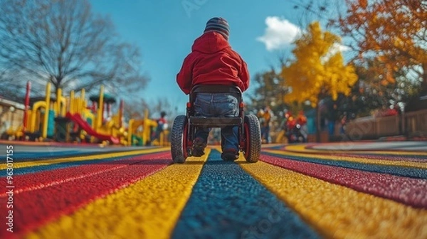 Fototapeta A child riding a toy car on a colorful pathway
