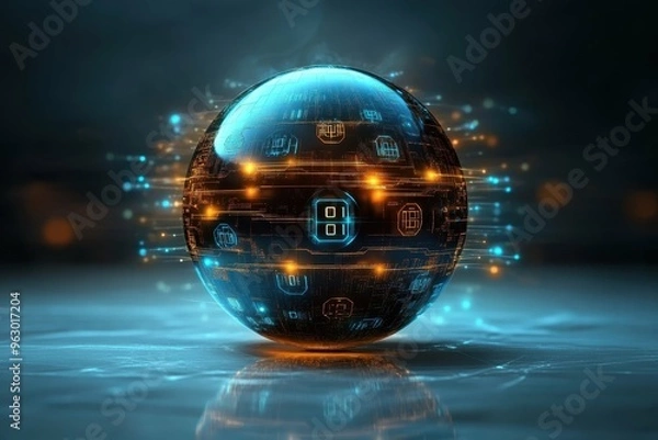 Fototapeta A futuristic chrome sphere with multiple layers of encryption-like symbols swirling around it, emphasizing the importance of securing digital assets.