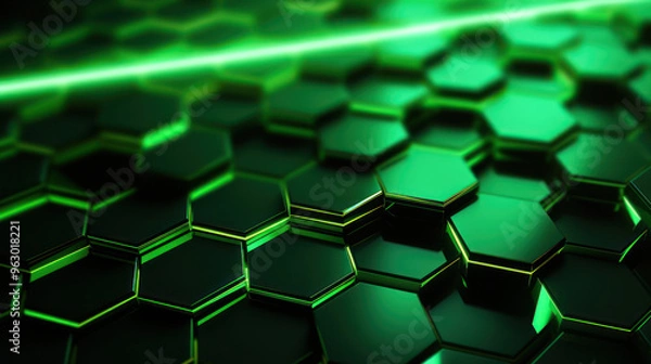Obraz Green hexagon background. Honeycomb pattern made up of hexagonal shapes. Depth and three-dimensionality. Natural structures, tessellation in design, nanotechnology structures. Geometric wallpaper.