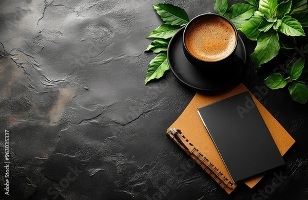 Fototapeta Coffee, Notebook and Greenery on Black Background