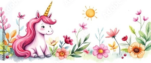Fototapeta A whimsical illustration of a pink unicorn sitting among colorful flowers with a bright sun overhead. The scene is cheerful and vibrant, capturing a magical and fantasy-like atmosphere.