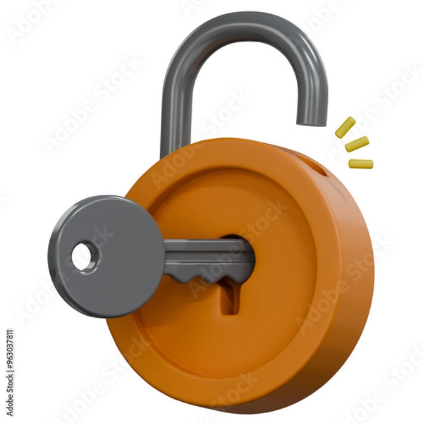 Obraz unlocking padlock with key 3d render illustration