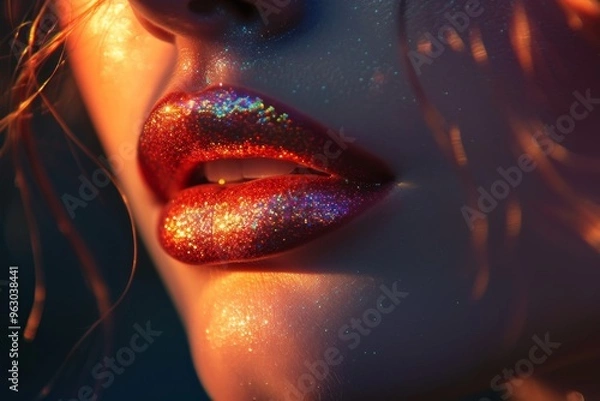 Fototapeta Close up of woman red glittering lips and sparkling face, creating magical and glamorous look