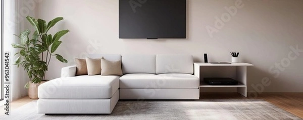 Fototapeta Compact living room with a hidden projector and pull-out work desk, modern tech