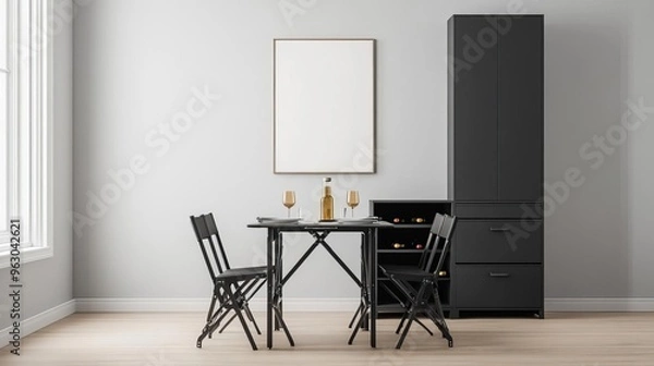 Fototapeta Dining area with foldable chairs and storage cabinets, urban small-space solution