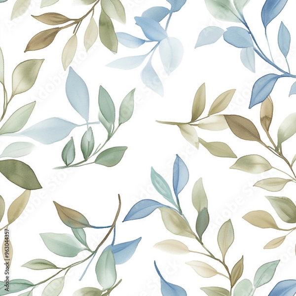 Fototapeta Elegant botanical pattern with soft pastel leaves on a white background 화이트 배경에 부드러운 파스텔 잎의 우아한 식물 패턴
